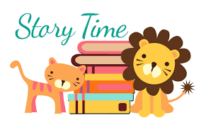 Storytime graphic with a stack of books and cartoon animals