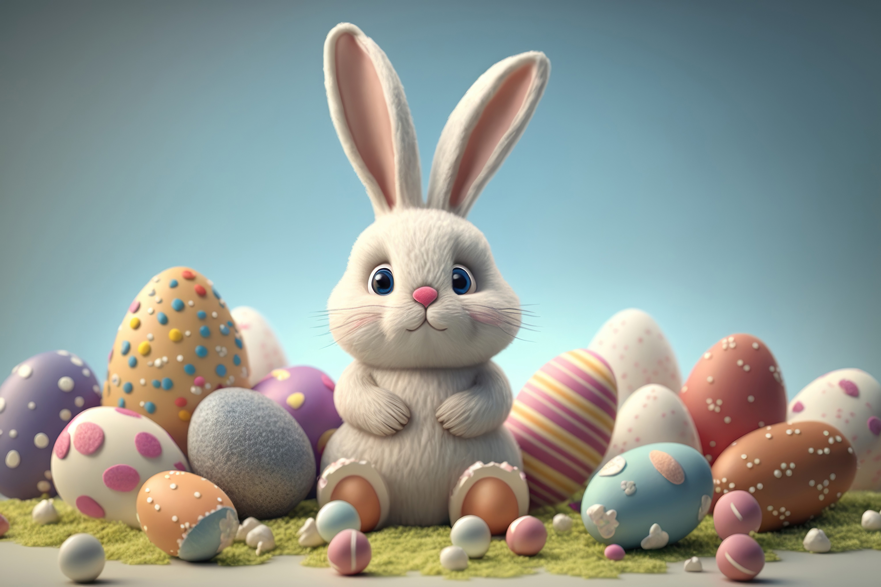 Easter Bunny Sitting in Front of Easter Eggs