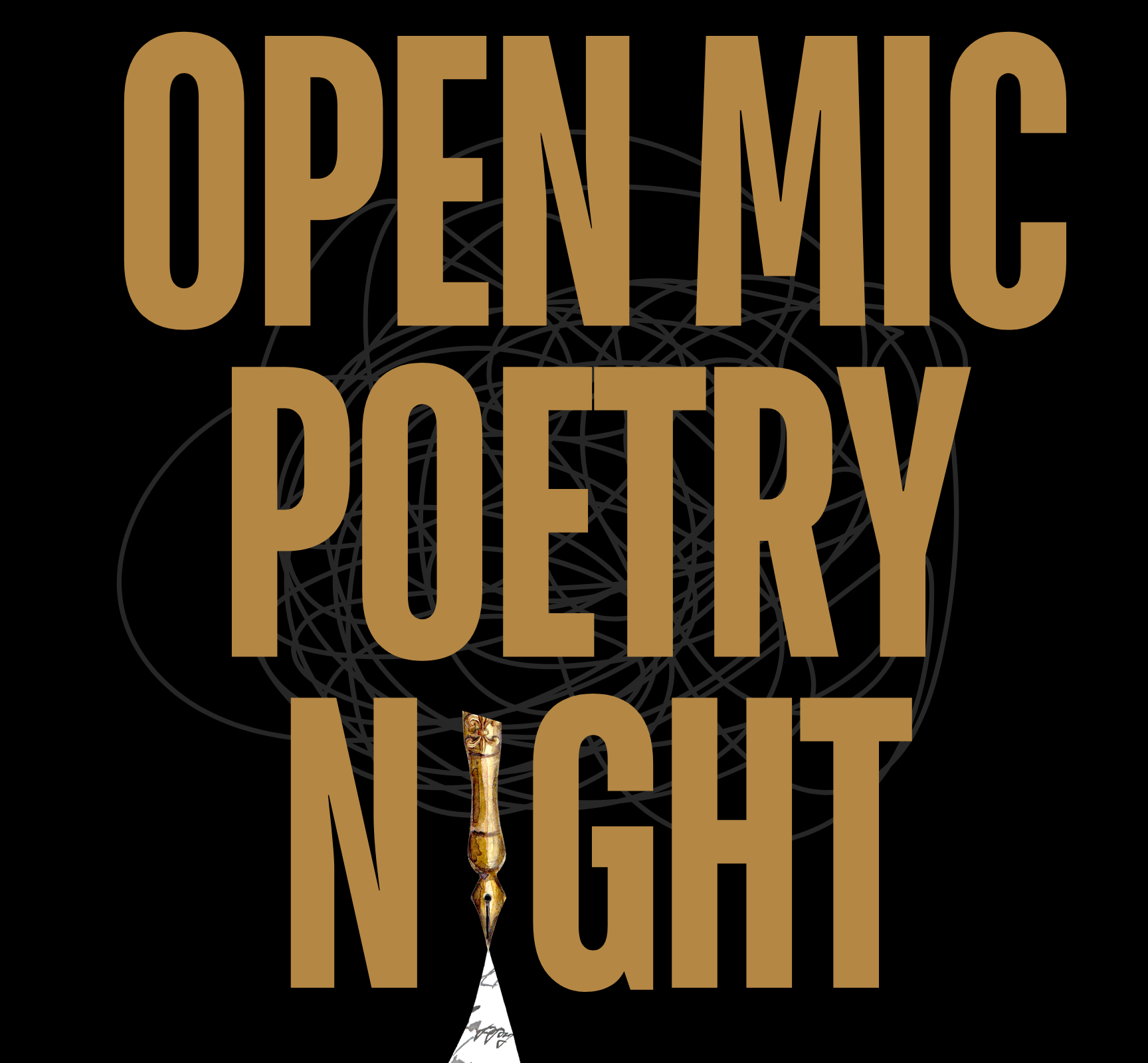 Open Mic Poetry Night in gold letters on a black background