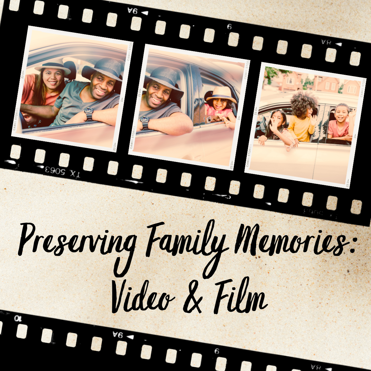 film stills with family in car