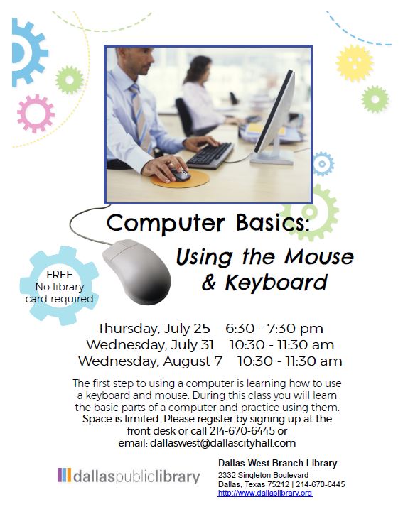 Flyer for computer basics: Using the Mouse and Keyboard class