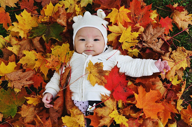 Infant laying down in a pile of autumn leaves found in dailystar.uk