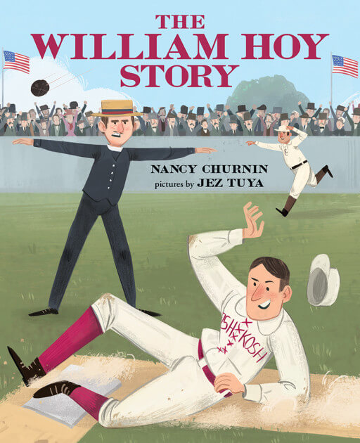 Book Cover Art of William Hoy the baseball player sliding into a home-run!