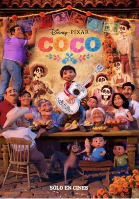 Movie poster for the film "Coco" showing a boy playing guitar surrounded by family members