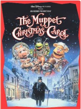 DVD cover of "The Muppet Christmas Carol" featuring a man walking along a snowy street with Muppets characters above
