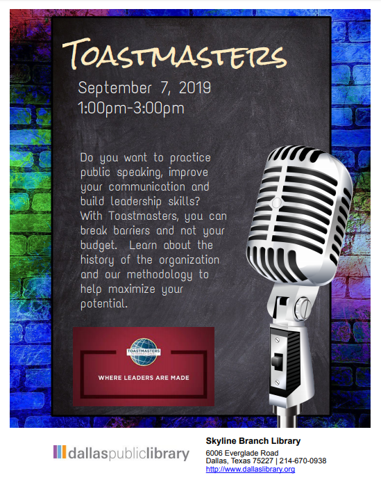 Toastmasters Saturday, September 7th at 1 pm in the Auditorium