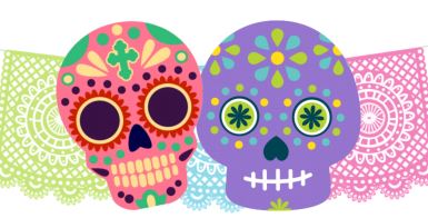 Illustration of two decorative skulls against tissue paper cutouts