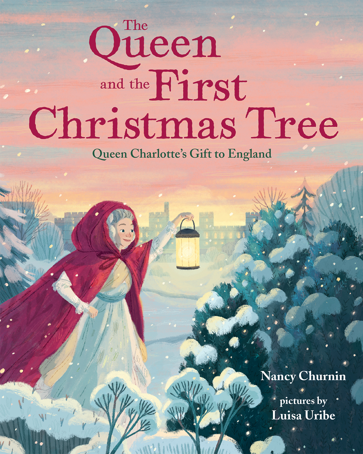 Queen Charlotte wearing a red hooded cape holding a lantern and walking in the snow.