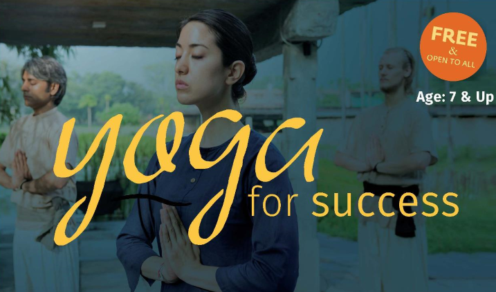 "Yoga for Success, ages 7 and Up, free and open to all" over graphic of two people standing with eyes shut