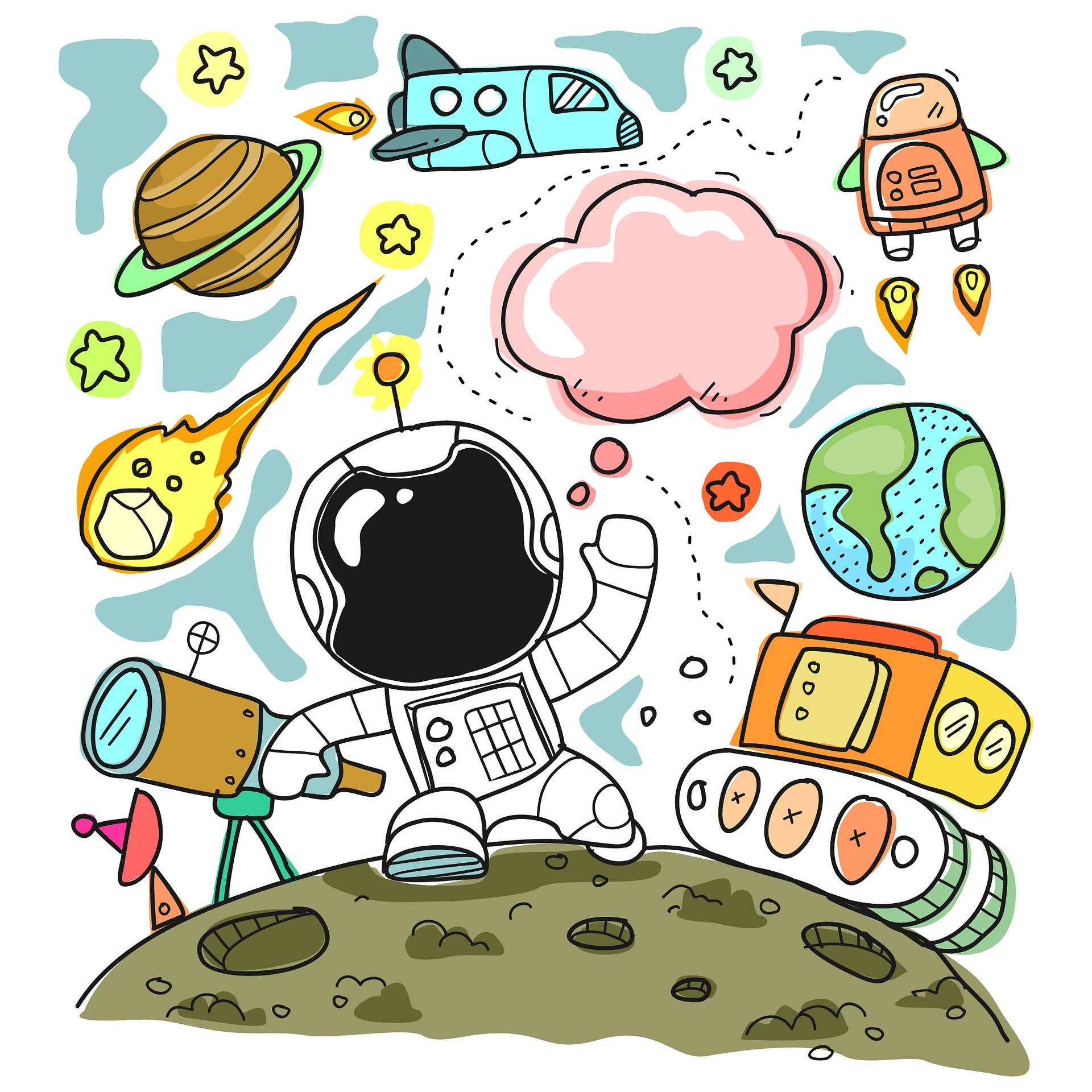 Cartoon of child-sized astronaut on moon with thought bubble, surrounded by space-related technologies
