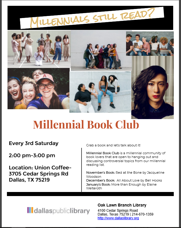Millennial Book Club meeting Saturday January 18 from 2 PM to 3 PM. January's book is More Than Enough by Elaine Welteroth. The club meets from 2 PM to 3 PM every third Saturday of the month at Union Coffee.
