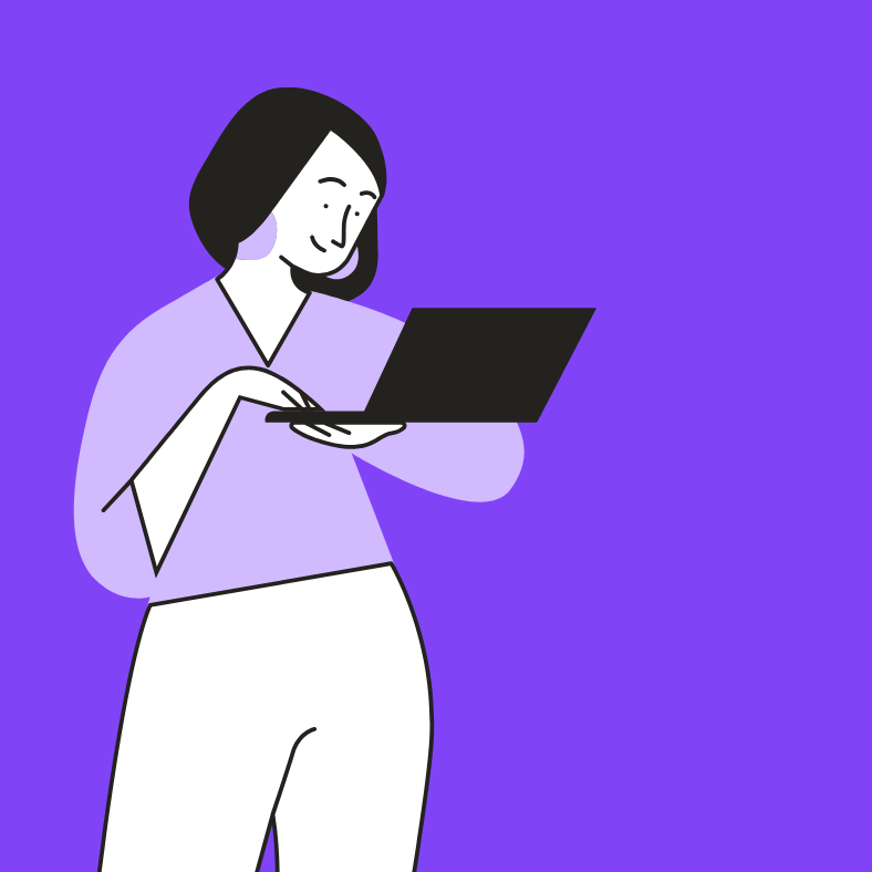cartoon woman standing with laptop, on purple background