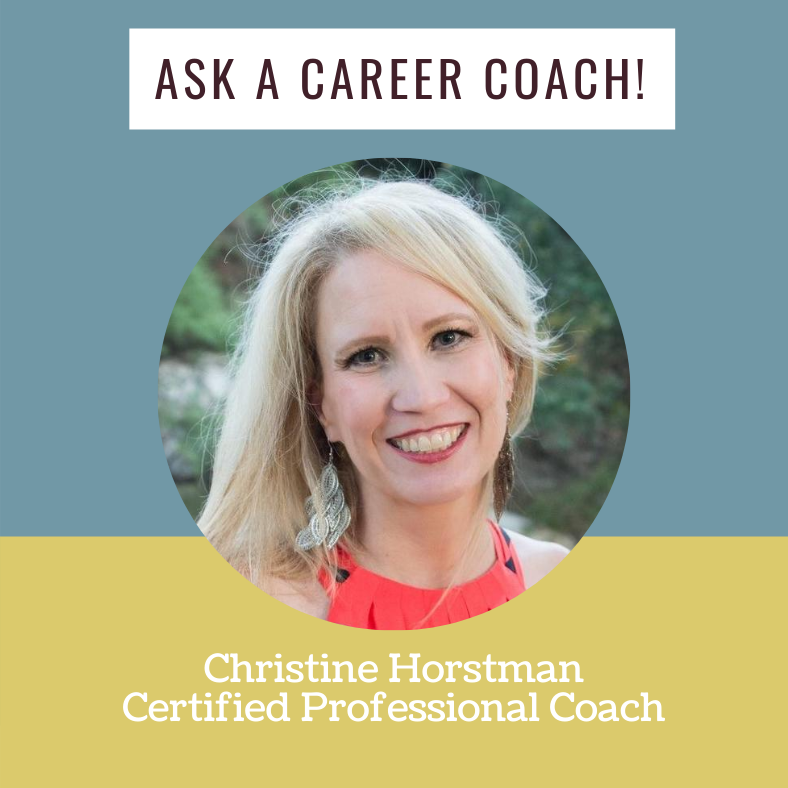 Text reads "Ask a career coach! Christine Horstman, Certified Professional Coach." Photo of Christine on a blue and yellow background.