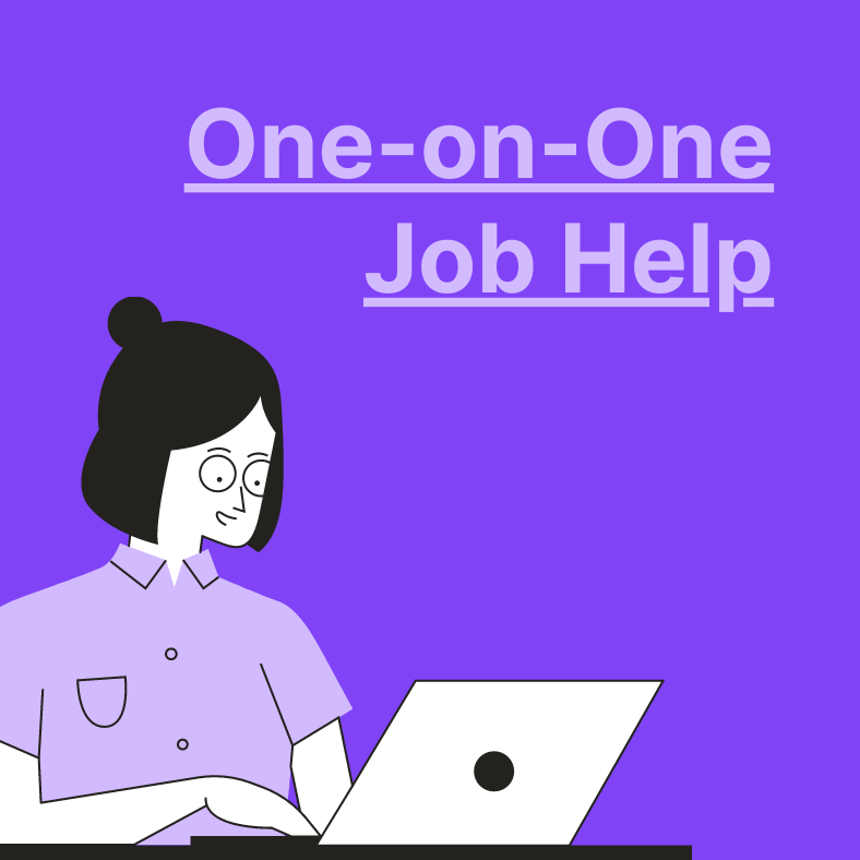 cartoon image of a woman on a laptop, on a purple background. Text reads "one-on-one job help"