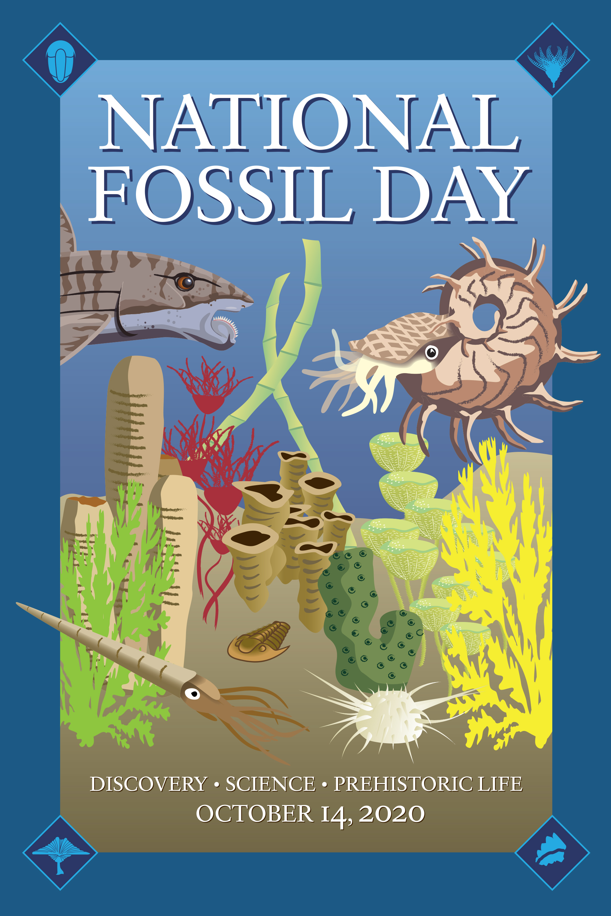 2020 National Fossil Day artwork featuring ancient sea life. 
