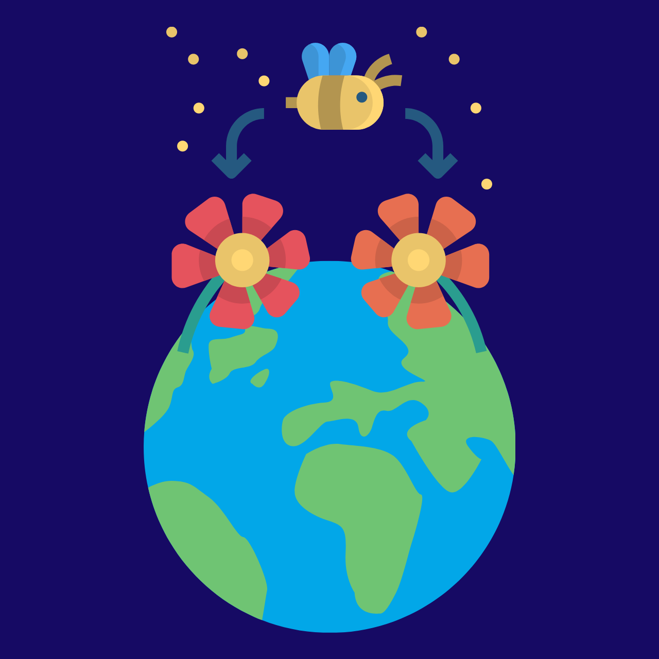 A bee pollinates flowers on planet earth