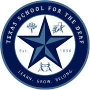 A blue circle surrounding a blue star. Inside the circle it says "Texas School for the Deaf" at the top and at the bottom, "Learn. Grow. Belong." Inside of the circle, surrounding the star it says "Est. 1856"