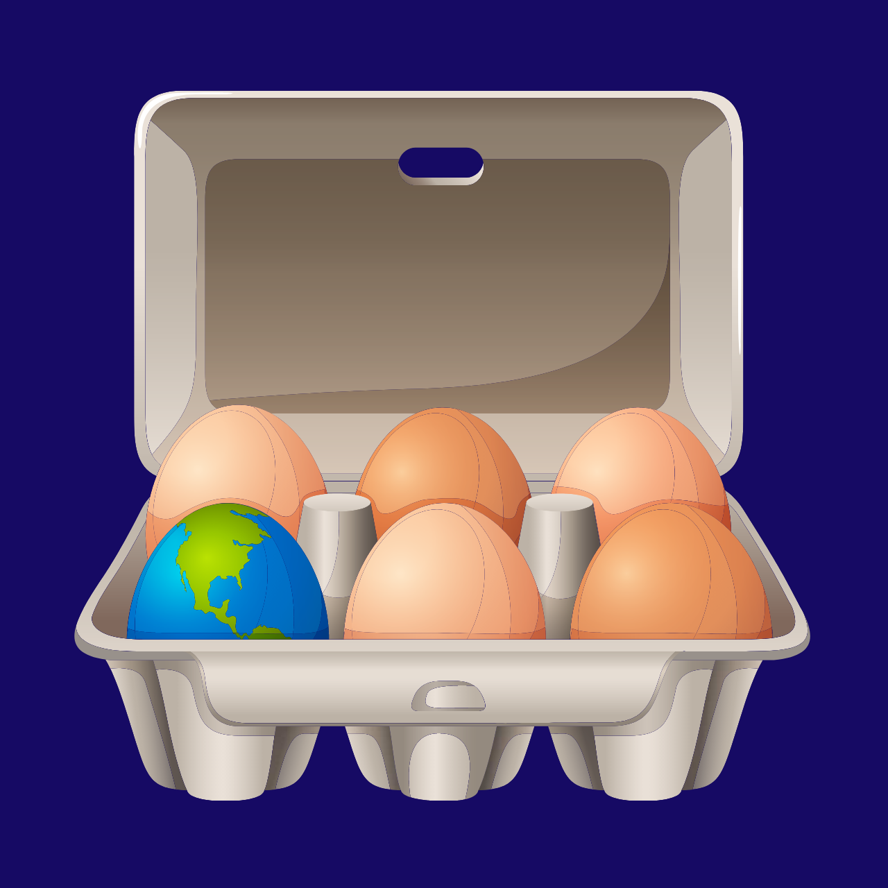 A carton of eggs in which one of the eggs is the Earth