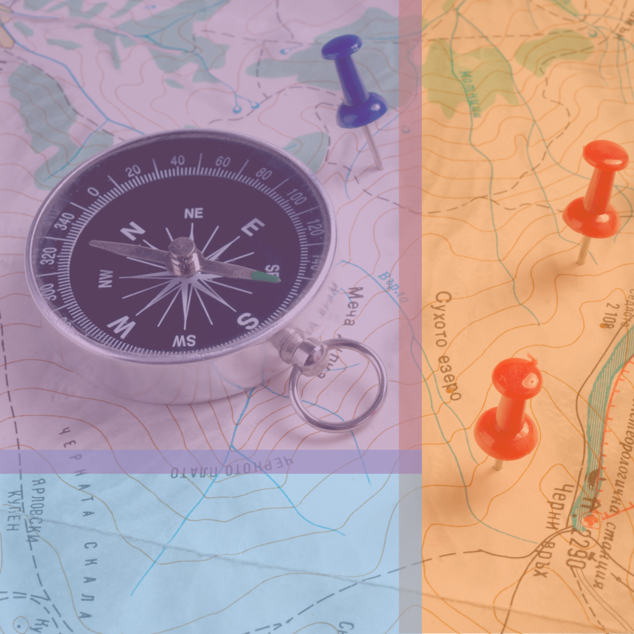 A map and compass overlayed with the dallas library colors