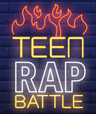 Teen Rap Battle in Yellow Neon under a neon fire outline on dark purple background. 