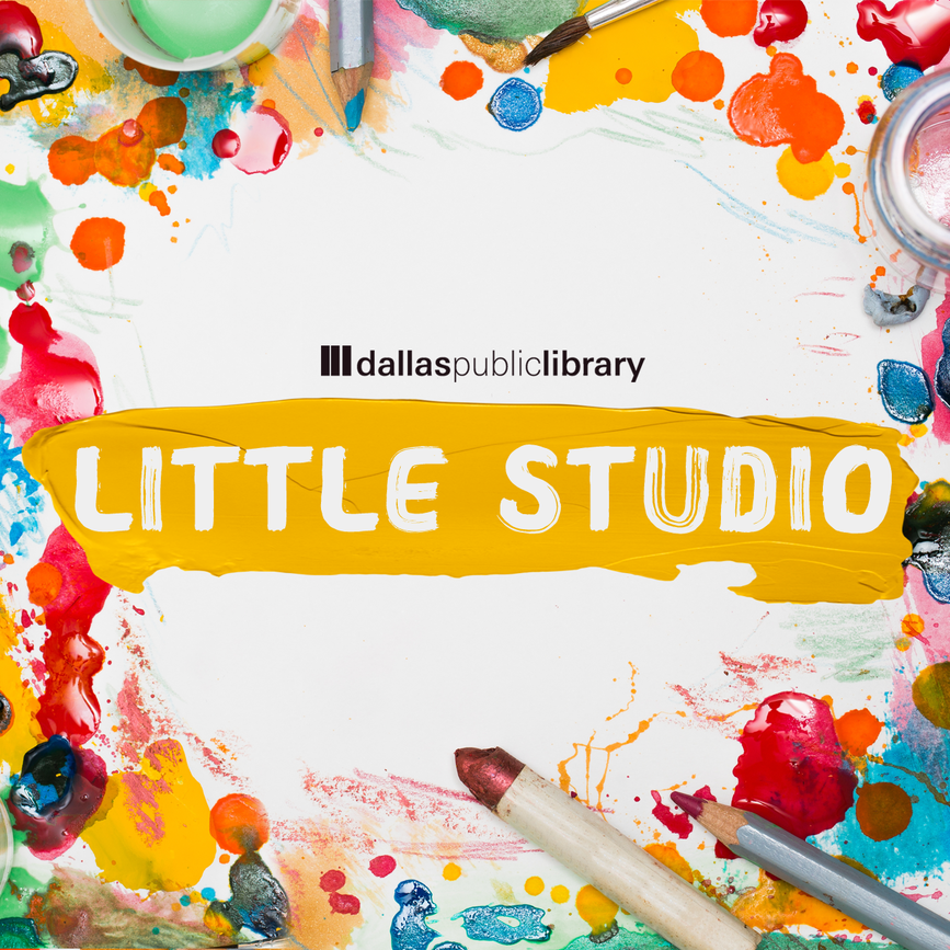 Graphic with paint and art supplies that says Little Studio