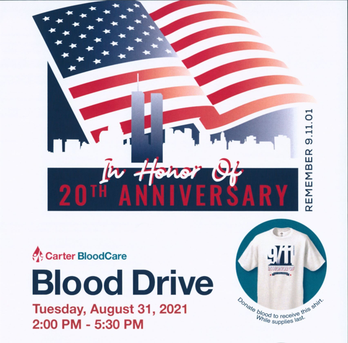Image of American Flag waving behind New York City skyline including the twin towers of the World Trade Center. Text reads "In honor of 20th Anniversary Carter BloodCare Blood Drive" Image of Carter BloodCare T-Shirt. 