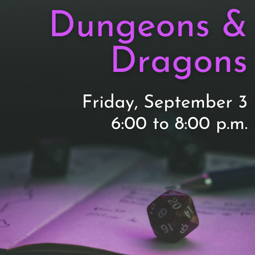 Dungeons & Dragons Cover Graphic: an open notepad is visible with a few die lying on top of it and the event title and date (September 3 at 6 PM) are posted