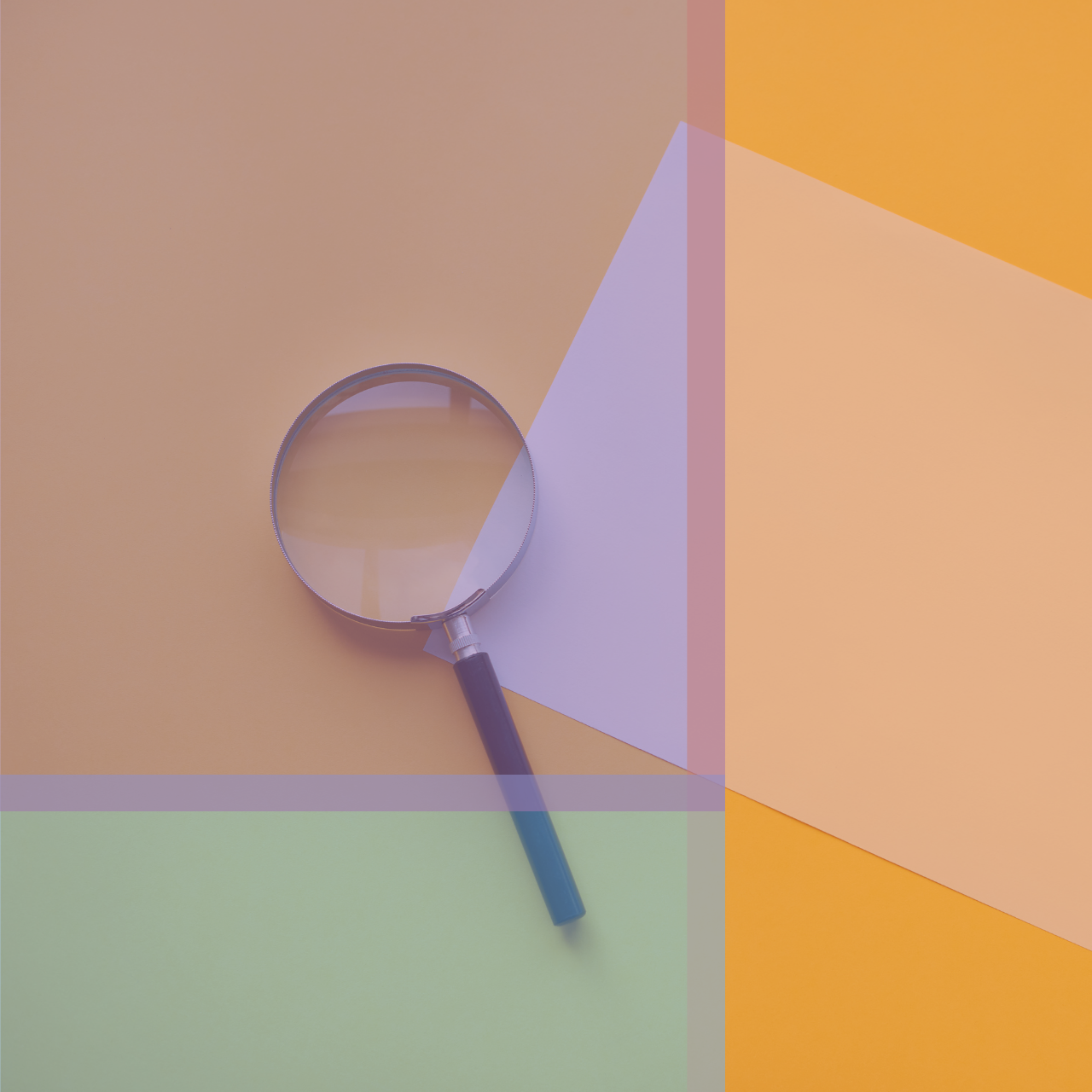 A magnifying glass and piece of paper, overlaid with the library colors.