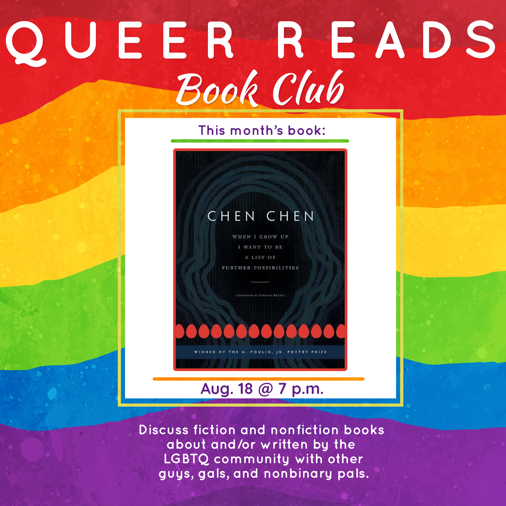 The book cover set against a rainbow background