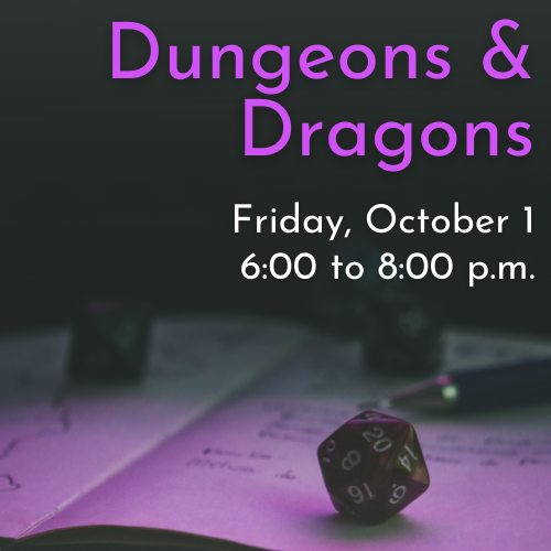 Dungeons & Dragons Cover Graphic: an open notepad is visible with a few die lying on top of it and some of the event details are visible