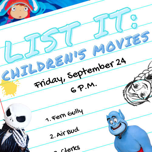 List It Cover Graphic featuring children's movie characters surrounding a piece of paper with the event details