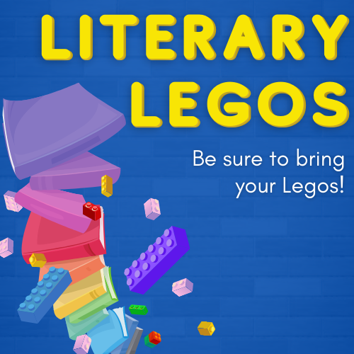 Literary Legos Cover Graphic featuring a stack of books toppling over with lego bricks falling over
