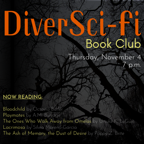 DiverSci-Fi Book Club Cover Graphic featuring a eerie tree branches and event details with the titles of the short stories being read