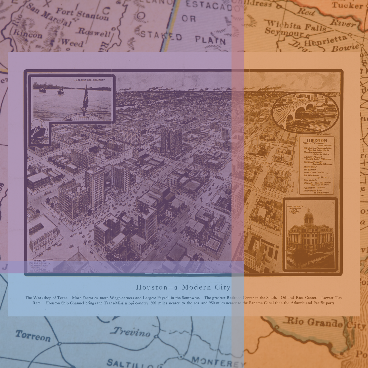 historic houston skyline overlayed over map of texas