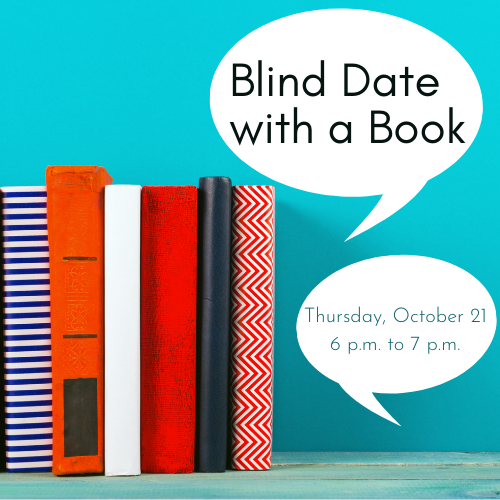 Blind Date with a Book Cover Graphic featuring a stack of books and event details
