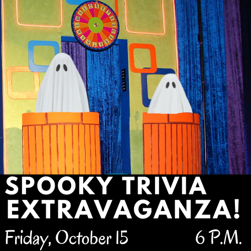 Geek Central: Spooky Trivia Extravaganza! Cover Image featuring event details and two ghosts on a gameshow