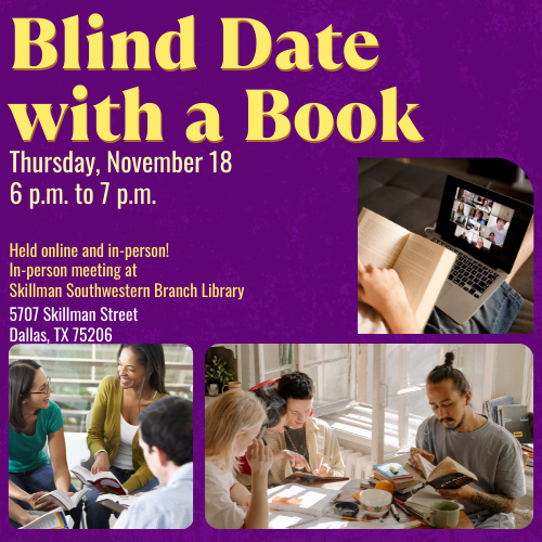 Blind Date with a Book Cover Graphic featuring event details and images of people discussing books through webcams and also in person