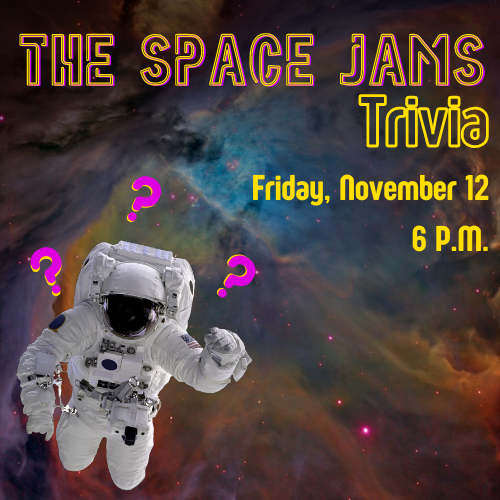 The Space Jams Trivia Cover Graphic featuring a confused astronaut floating through space and event details