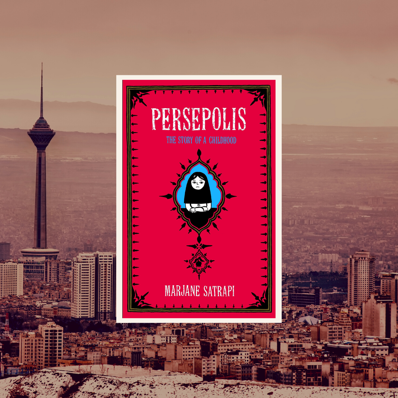 The cover of the book set against the skyline of Tehran