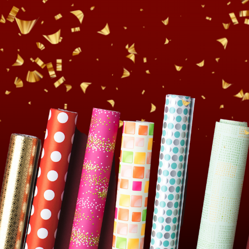 Wrap Party graphic featuring gold confetti and rolls of wrapping paper