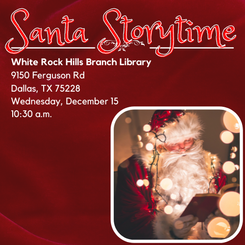 Santa Storytime featuring event details and an image of Santa Claus reading a book