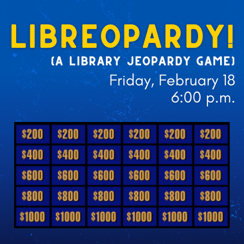 Libreopardy Cover Image featuring a gameboard and event details