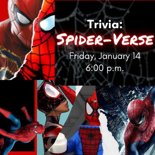 Trivia: Spider-verse cover graphic featuring various images of Spider-men and event details