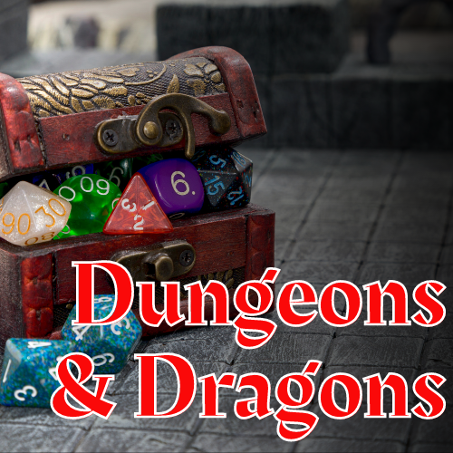 Dungeons & Dragons Cover Graphic featuring a chest full of dice and red text of Dungeons & Dragons