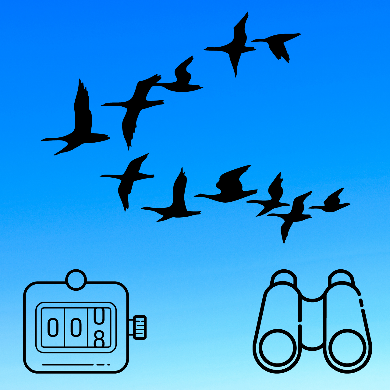 Birds, binoculars, and counting device set against a sky background.