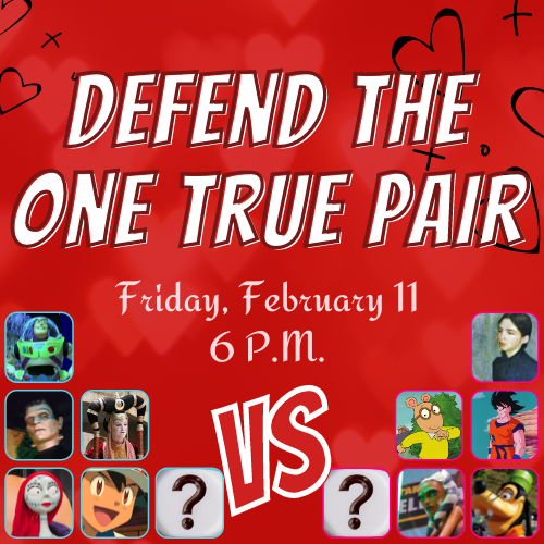 Defend the One True Pair Cover Image featuring faces of possible pairings and event details