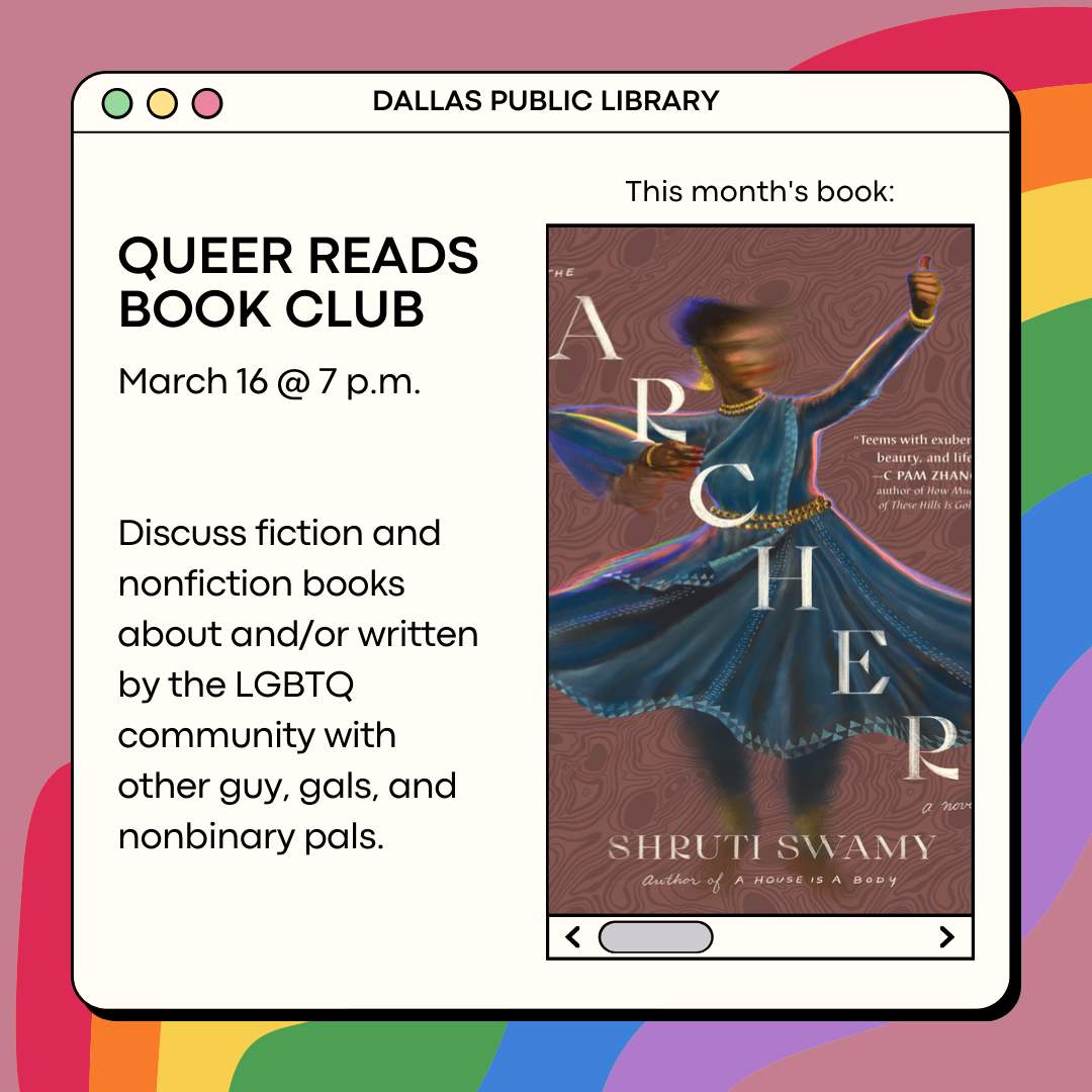 Black text that reads Queer Reads Book Club over a rainbow background