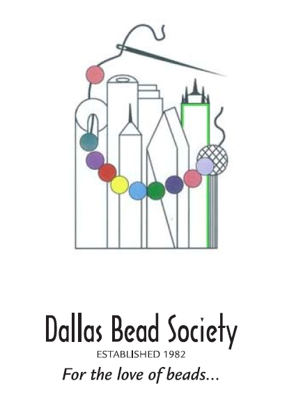 A colorful string of beads on a needle and thread over an outline of the Dallas skyline. Text underneath reads Dallas Bead Society, established 1982. Underneath is their slogan, For the love of beads...