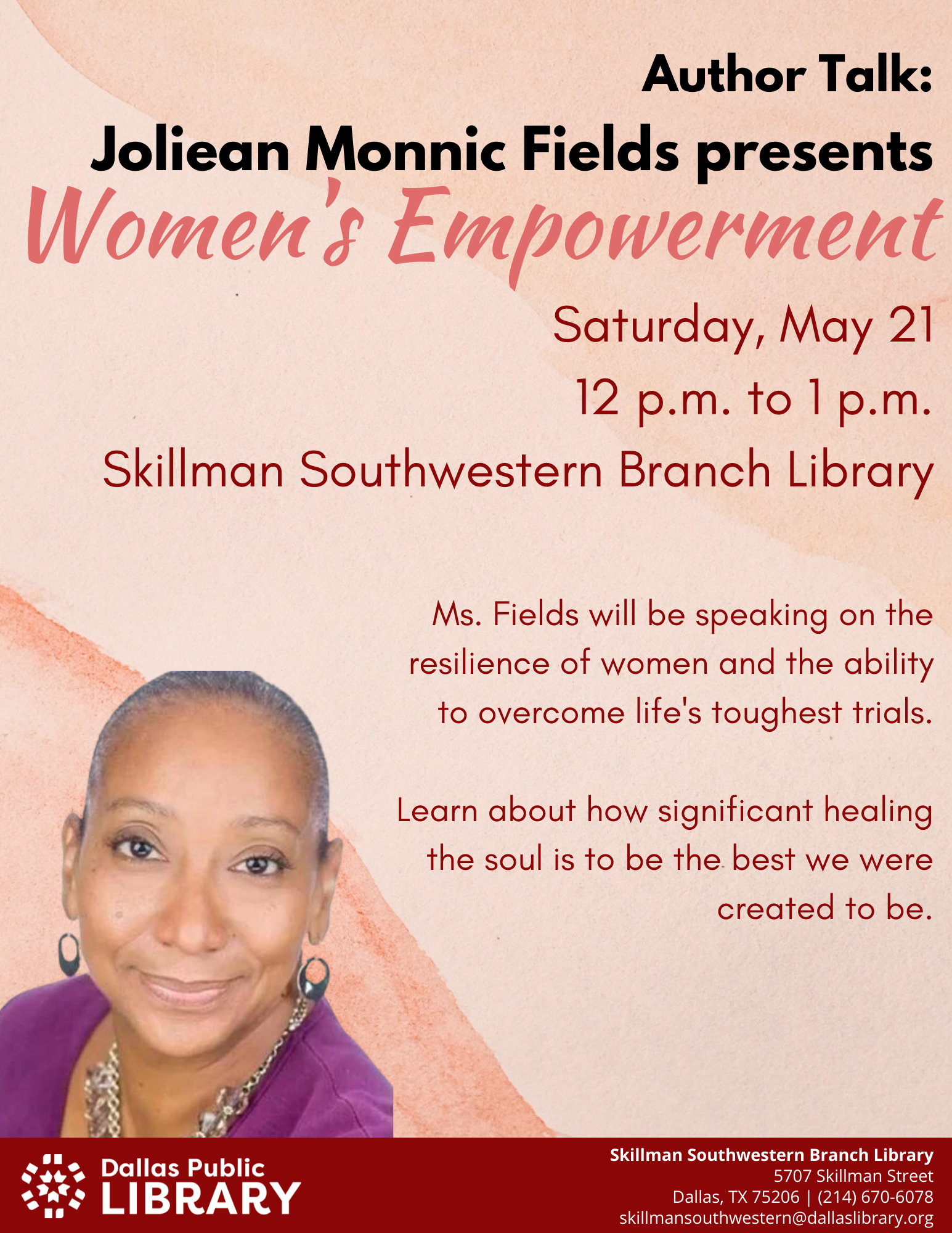 Photo of the speaker, Joliean Monnic Fields and more information about the program.