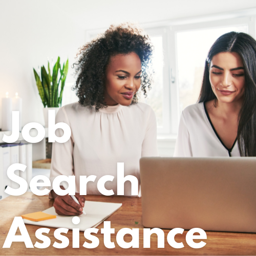 Job Search Assistance Cover Graphic featuring two people looking over something on a computer.